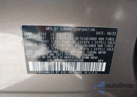 2022 Subaru Ascent Limited z USA, uszkodzony, nr VIN 4S4WMAMD4N3466386